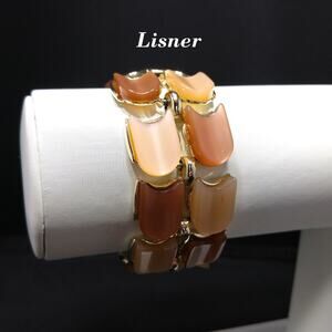 Vintage Women's Lisner Tan Brown Wide Lucite Bracelet, Moonglow Links, 1950s